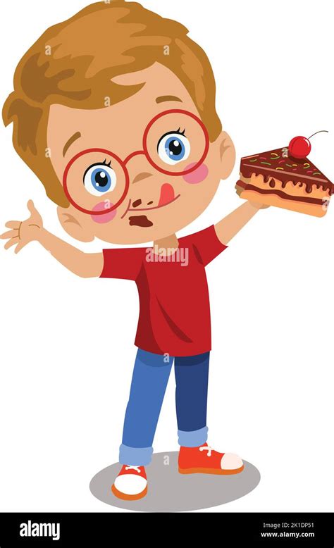 Cute Happy Boy Eating Cherry Chocolate Cake Stock Vector Image And Art