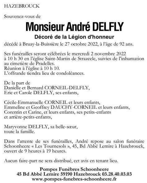 Avis De Décès Monsieur André Delfly Pompes Funèbres Schoonheere