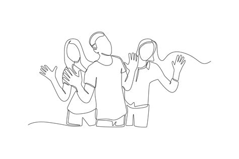 Continuous One Line Drawing Happy People Group With Hands Up Standing