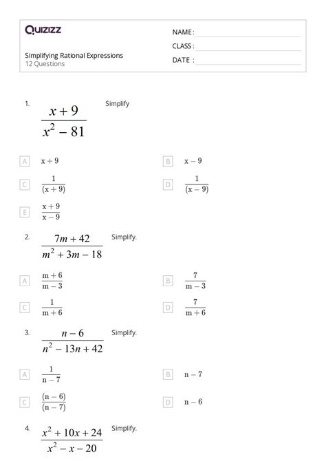 50 Rational Expressions Worksheets For 9th Grade On Quizizz Free