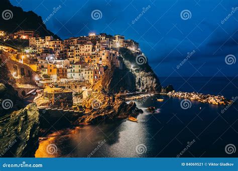 Night View Of Manarola Fishing Village In Cinque Terre Italy Stock