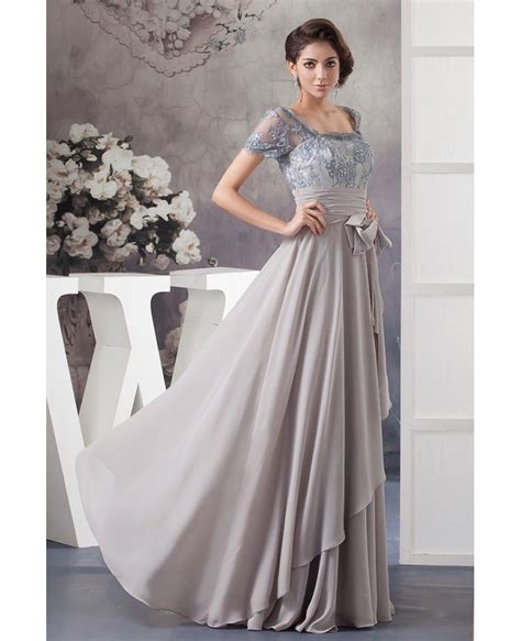 A Line Square Neckline Floor Length Lace Chiffon Mother Of The Bride