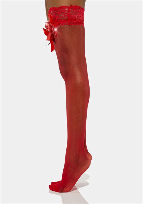 Lace Trim Sheer Thigh High Stockings With Rhinestone Bow Red Dolls Kill