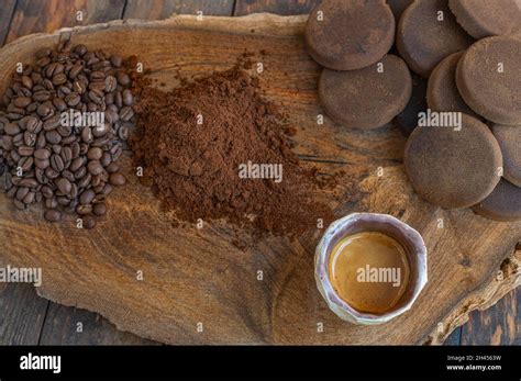 Coffee Life Cycle From Beans Through Powder Cup Of Delicoius Espresso