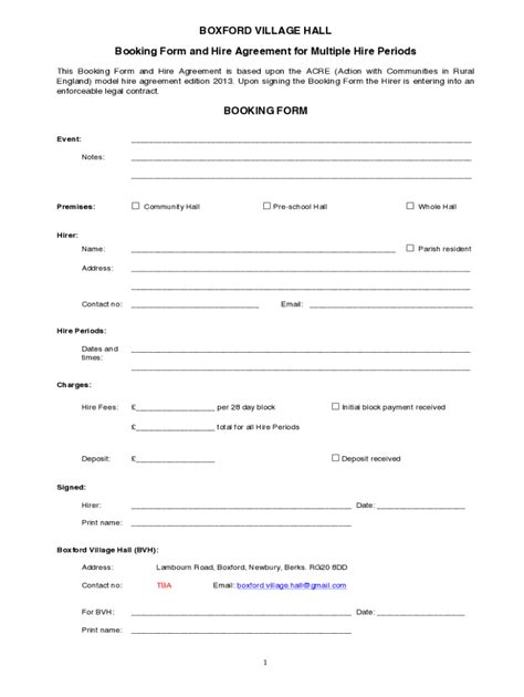 Fillable Online Acre Village Hall Hire Agreement Template Form Fax