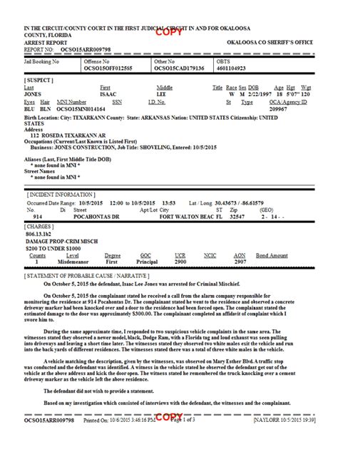 Fillable Online Arrest Reports Okaloosa County Sheriffs Office Fax