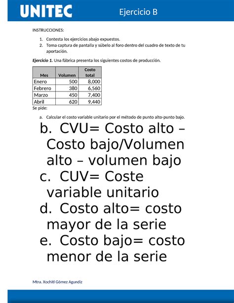 Ejercicio B Costo Y Precios Instrucciones Contesta Los Ejercicios