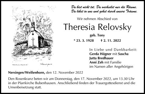 Traueranzeigen Von Theresia Relovsky Augsburger Allgemeine Zeitung