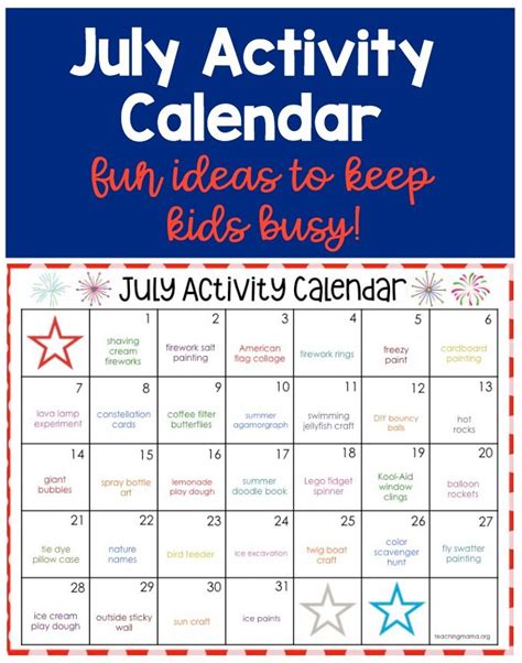 July Activity Calendar Summer Educational Activities Summer