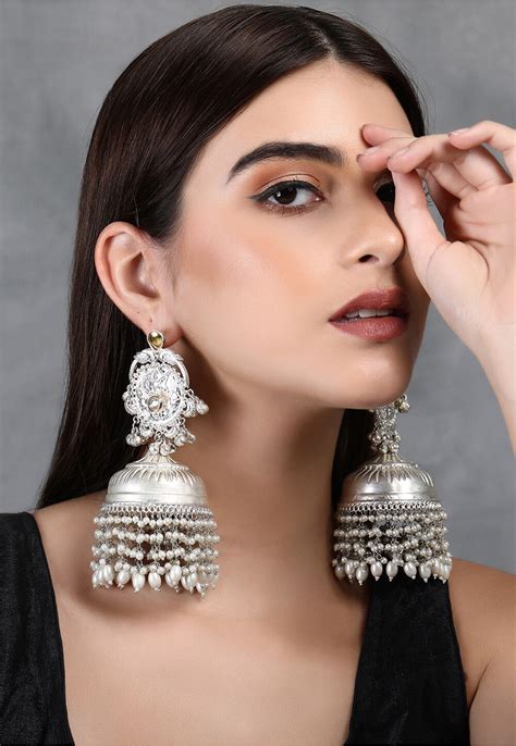 Silver Look Alike Kundan Jhumka Style Earrings JTU1120