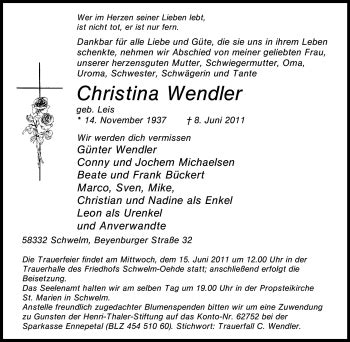 Traueranzeigen Von Christina Wendler Trauer In Nrw De