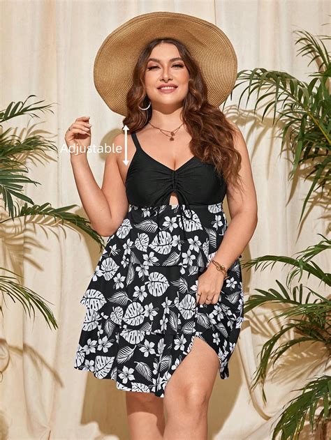 SHEIN Swim Curve Große Größe Bikini mit Blume Muster Schnürung vorne