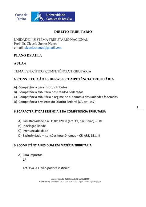 Aula Compet Ncia Tribut Ria Direito Tribut Rio Unidade I Sistema