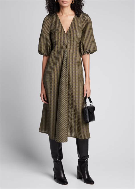 Ganni Seersucker Check Puff Sleeve Midi Dress Bergdorf Goodman