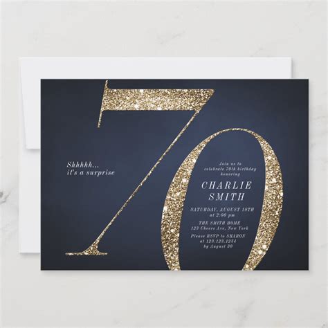 Modern Minimalist Navy Gold Glitter 70th Birthday Invitation Zazzle