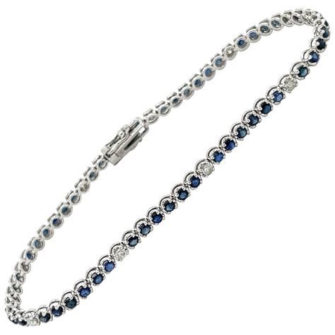 Round Cut Blue Sapphire And Diamond 14k White Gold Tennis Bracelet For Sale At 1stdibs