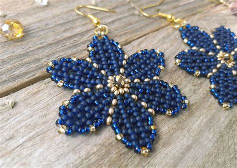 Flowers Earrings Navy And Gold Huichol Beaded Earrings Large Floral Hippie Jewelry Hand Woven