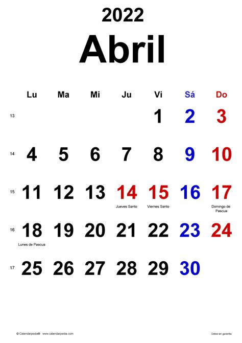 Calendario Abril En Word Excel Y Pdf Calendarpedia