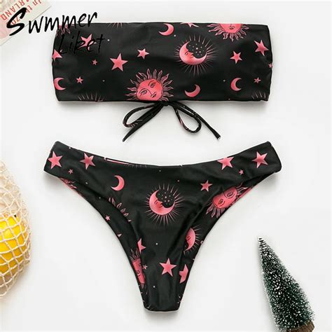 Bandeau Bikini Top Moon Print Bikinis 2019 Mujer Bondage Swimsuit