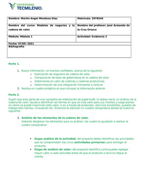 Evidencia 2 Modelo De Negocios Y La Cadena De Valor Nombre Martin