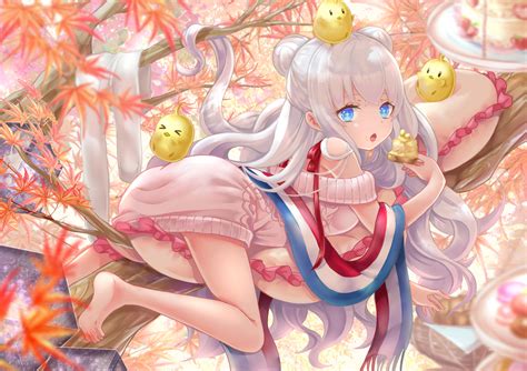 Animal Anthropomorphism Aqua Eyes Autumn Azur Lane Barefoot Bird Food