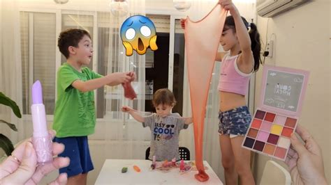 Eylül ve Poyraz Makyaj Malzemeleriyle Slime Yaptı Pembe Mor Slime