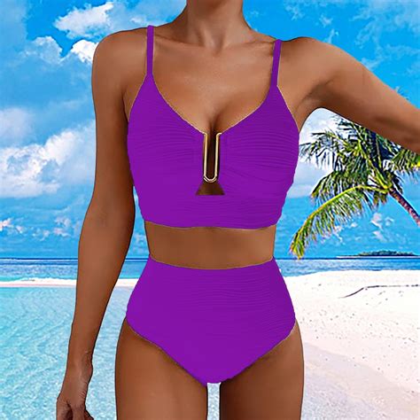 Ovticza Piece Bikini Set V Neck Cutout Swimsuit High Waisted Textured Ruched Summer Beach