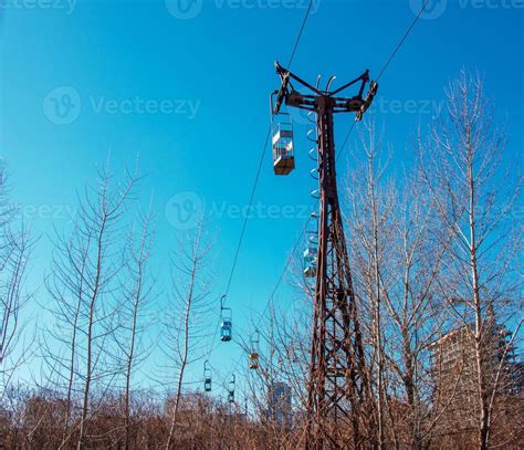 Old cable car in Dnepropetrovsk. Cable car cabins against the ...