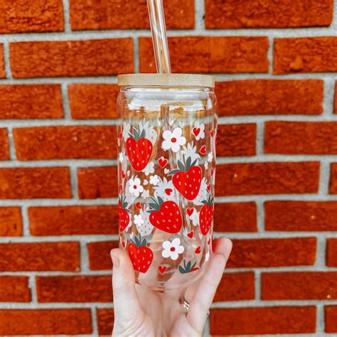 Strawberry Glass Cup With Lid Etsy