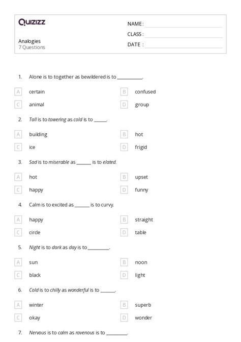 50 Analogies Worksheets For 4th Grade On Quizizz Free Printable