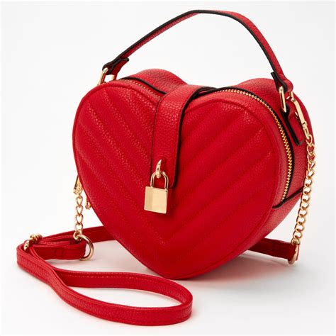 Quilted Heart Chain Crossbody Bag Red Claires