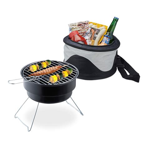 Buy Relaxdays Picnic Grill With Cooler Bag Portable Camping Bbq Ø 26cm Mini Barbecue For