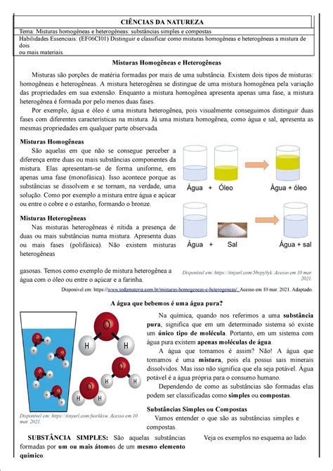 Exercícios Sobre Misturas Homogêneas E Heterogêneas 6 Ano Gabarito