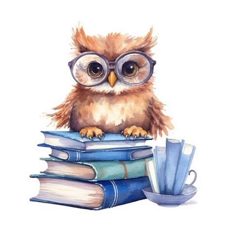 Premium Ai Image A Painting Of A Watercolor Owl Sitting On A Stack Of Books Generative Ai