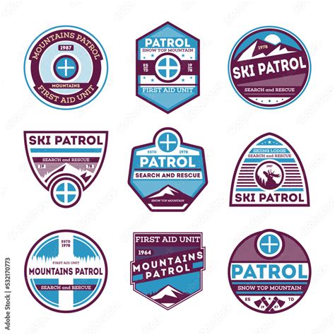 Winter Mountains Patrol Retro Isolated Label Set Search And Rescue