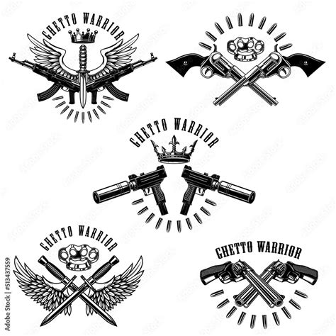 Set of vintage emblems with weapon, gun, revolver, knife. Design elements for logo, label, sign ...