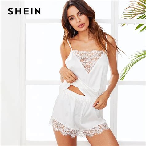 Shein Lace Trim Satin Cami And Shorts Pajama Set White Spaghetti Strap