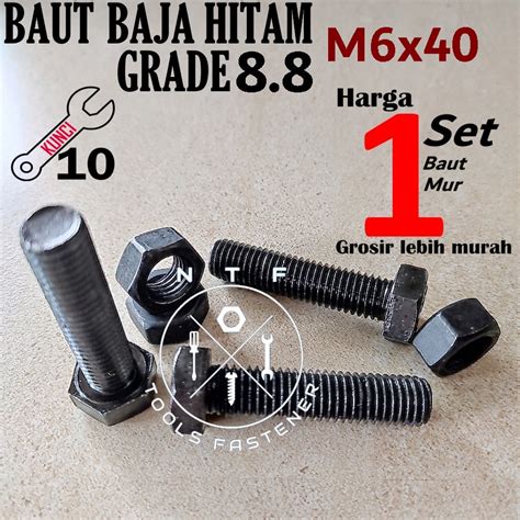 Jual Baut Mur Hex M6x40 Panjang 4cm Besi Baja Hitam Grade 8 8 Kunci 10