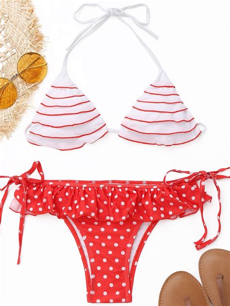 Off Frilled Polka Dot String Bikini Set In Red With White