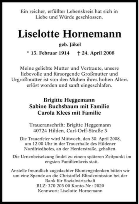 Traueranzeigen Von Liselotte Hornemann Trauer In Nrw De