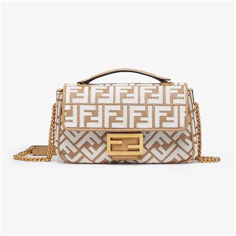 Fendi Women Baguette Chain Midi Raffia Bag With White Tapestry Fabric