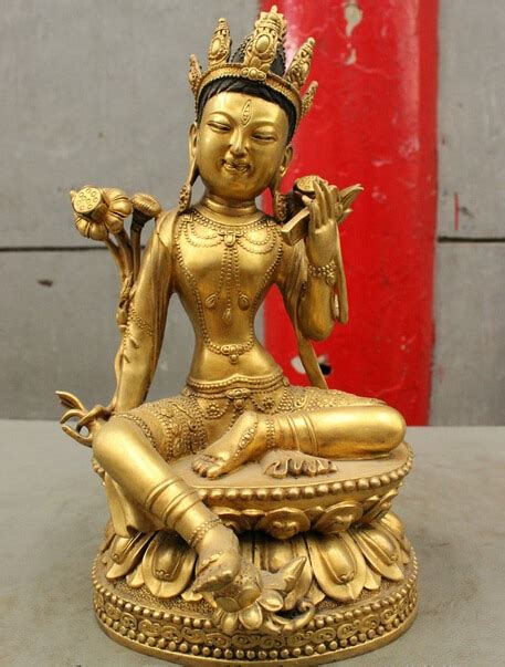 Bi003330 12 Tibet Buddhism Pure Bronze 24k Gold Protect Kwan Yin Green Tara Buddha Statuestatue