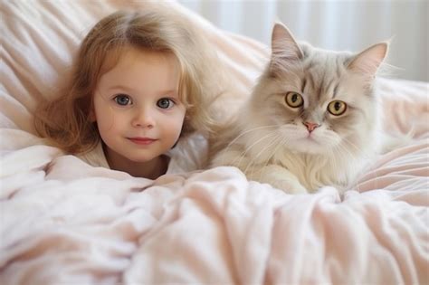 Premium Photo | Baby and kitten playing with cat on the blanket