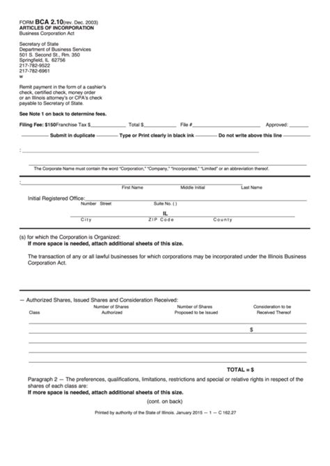 Fillable Form Bca 2 10 Articles Of Incorporation Form Illinois