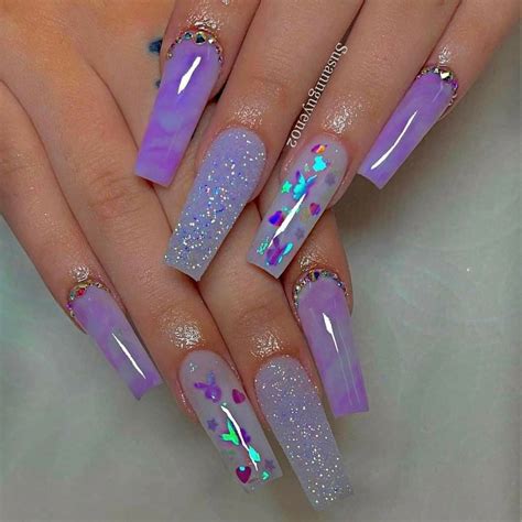 Lilas Con Mariposas Purple Nails Colored Acrylic Nails Sparkly Nails