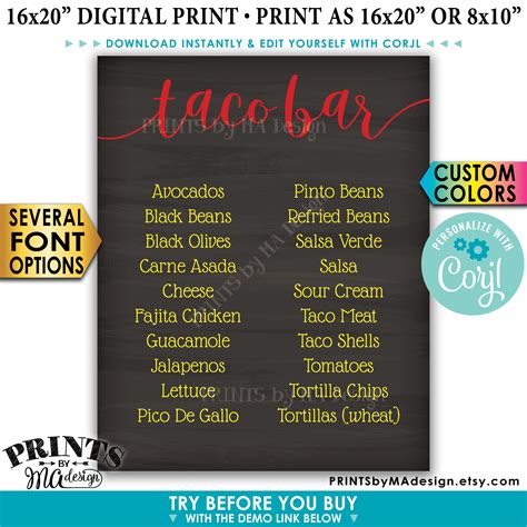 Taco Bar Menu Sign Fiesta Party Menu Custom Printable 8x1016x20