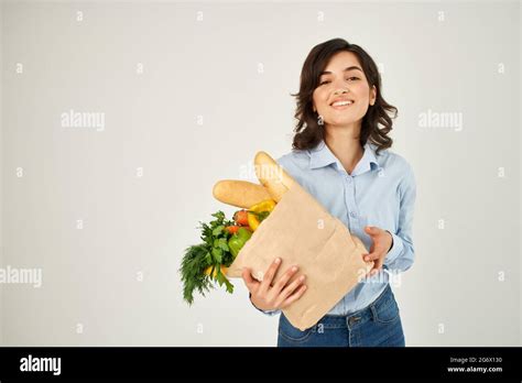 Cheerful Brunette Grocery Bag Healthy Food Delivery Stock Photo Alamy