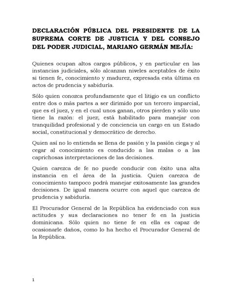 Declaración Pública Del Presidente De La Suprema Corte De Justicia Y Del Consejo Del Poder