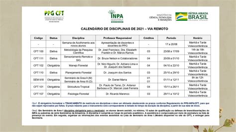 CFT INPA Matrículas abertas Calendário de Disciplinas 2