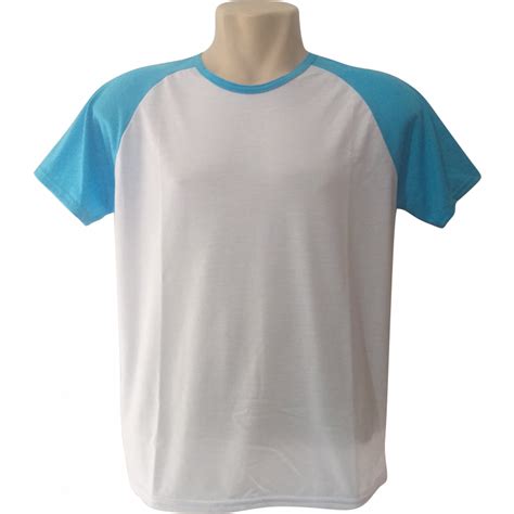 Camiseta Branca Raglan Manga Azul Turquesa 100 Poliester Para Sublimação